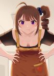  1girl :t ahoge angry apron bangs black_shirt blue_scrunchie breasts brown_apron brown_hair closed_mouth commentary downblouse drill_hair frown hair_ornament hair_scrunchie hands_on_hips heart highres idolmaster idolmaster_million_live! indoors jewelry kamille_(vcx68) leaning_forward looking_at_viewer medium_breasts medium_hair print_scrunchie purple_eyes ring scrunchie shirt side_drill side_ponytail solo standing star_(symbol) star_print t-shirt wedding_ring yokoyama_nao 