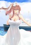  1girl absurdres blue_eyes blush breasts brown_hair cleavage collarbone day dress hair_between_eyes highres kantai_collection large_breasts long_hair odachu open_mouth saratoga_(kancolle) see-through_silhouette ship side_ponytail signature sleeveless sleeveless_dress smile solo sundress upper_body watercraft white_dress 