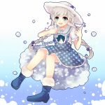  1girl :d bangs blue_eyes blush boots bottle braid bubble copyright_name dress frilled_sleeves frills fur-trimmed_boots fur_hat fur_trim hair_bobbles hair_ornament hat highres holding holding_bottle howaitosawa_papiko izumi_chiro long_hair neckerchief open_mouth papico_(ice_cream) pinafore_dress pixiv_papico_design_contest polka_dot polka_dot_dress sailor_collar short_sleeves sitting sitting_on_cloud smile solo sun_hat twin_braids very_long_hair white_hair 