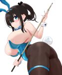  1girl animal_ears ass bare_shoulders black_hair black_pantyhose blue_bow blue_bowtie blue_eyes blue_leotard blue_nails bow bowtie cue_stick detached_collar fake_animal_ears fake_tail hair_between_eyes holding_cue_stick hug leotard long_hair looking_at_viewer nail_polish omizu_(h2o) original pantyhose rabbit_ears rabbit_tail simple_background solo tail thigh_strap white_background wrist_cuffs 