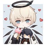  1boy angelgone81958 arknights bishounen black_hair blush doll executor_(arknights) flamebringer_(arknights) food halo heart highres horns ice_cream male_focus mechanical_halo orange_eyes short_hair simple_background solo upper_body white_hair wings 