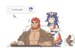  1girl 2boys ? bangs bara bare_pectorals bare_shoulders beard black_jacket blue_eyes blue_hair bow-shaped_hair breasts captcha chair choker cleavage commentary cursor dark-skinned_male dark_skin facial_hair flaming_eye gomtang hair_ornament hephaestus_(housamo) jacket keyboard_(computer) large_pectorals long_hair looking_at_another looking_back mature_male midriff mouse_(computer) multiple_boys muscular muscular_male on_chair open_clothes open_jacket orange_eyes otohime_(housamo) pectorals red_hair short_hair sidelocks simple_background sketch sleeves_rolled_up sweatdrop symbol-only_commentary talos_(housamo) thick_eyebrows tokyo_afterschool_summoners undercut unfinished very_long_hair white_choker 