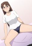  1girl arm_support asymmetrical_bangs azumanga_daioh bangs blush breasts brown_eyes brown_hair closed_mouth commentary_request dutch_angle frown glasses hall_onon highres long_hair looking_at_viewer medium_breasts mizuhara_koyomi nervous one-piece_swimsuit school_swimsuit shiny shiny_skin shirt short_sleeves sitting solo spread_legs swimsuit swimsuit_under_clothes thighs white_shirt 