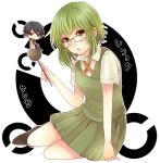  1boy 1girl :o bangs black_hair blush buttons chibi collared_shirt double-breasted glasses green_eyes green_hair gumi holding izumi_chiro labcoat landolt_c necktie occluder open_mouth pleated_skirt rectangular_eyewear red-framed_eyewear school_uniform shirt shiryoku_kensa_(vocaloid) short_hair short_sleeves sitting skirt smile vocaloid yokozuwari 