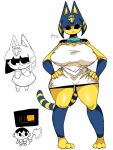  animal_crossing ankha_(animal_crossing) anthro big_breasts black_eyes blue_hair breasts clothing domestic_cat dress felid feline felis female frown hair hand_on_hip hands_on_hips looking_at_viewer mammal nintendo nipple_outline osakana2gou simple_background solo video_games yellow_body 