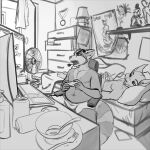  1:1 anthro athletic athletic_male black-kitten clothed clothing computer controller duo felid feline gaming greyscale headphones hi_res lynx male mammal monochrome pecs procyonid raccoon sebastien_(black-kitten) slightly_chubby teenager topless young 