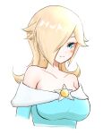  1girl aqua_eyes bare_shoulders blonde_hair blush closed_mouth crown crown_removed dress earrings highres jewelry long_hair looking_at_viewer mario_(series) rosalina smile solo super_mario_galaxy super_mario_galaxy_2 super_smash_bros. tomatomiya upper_body 