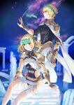  1boy 1girl blonde_hair bracer cape castor_(fate) circlet column fate/grand_order fate_(series) highres nakaga_eri night night_sky pillar pollux_(fate) purple_eyes ruins shooting_star siblings sitting sky twins 