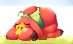  anthro ass_up breast_squish breasts butt clothing eyes_closed featureless_breasts female floppy_ears flower fluffolio grass hand_on_breast leotard microsoft minecraft mojang plant red_body sniffer solo squish thick_thighs video_games xbox_game_studios 