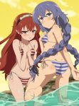  2girls ass bare_arms bare_legs barefoot bikini black_ribbon blue_bikini blue_eyes blue_hair blush braid breasts closed_mouth cloud collarbone eris_greyrat eufoniuz floating_hair hair_ribbon halterneck headband highres long_hair looking_at_viewer multiple_girls mushoku_tensei open_mouth red_bikini red_eyes red_hair ribbon roxy_migurdia shiny shiny_hair shiny_skin side-tie_bikini_bottom small_breasts striped striped_bikini swimsuit twin_braids twintails very_long_hair wading yellow_sky 