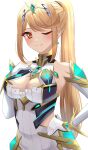  1girl alternate_hairstyle bangs bare_shoulders blonde_hair breasts chest_jewel cleavage cleavage_cutout clothing_cutout dress earrings elbow_gloves gem gloves headpiece highres jewelry kyaro_(wanu_14) large_breasts long_hair mythra_(xenoblade) ponytail short_dress solo swept_bangs tiara very_long_hair white_dress white_gloves xenoblade_chronicles_(series) xenoblade_chronicles_2 yellow_eyes 