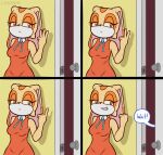  2022 aged_up anthro biped breasts clothed clothing comic counting cream_the_rabbit dialogue digital_media_(artwork) door doorknob doorway dress english_text female fingers gynomorph inside intersex lagomorph leporid loshon mammal rabbit sega smile solo sonic_the_hedgehog_(series) speech_bubble text video_games waiting 