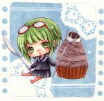  1girl bangs blush chibi dessert eyewear_on_head food fork glasses green_eyes green_hair gumi holding holding_fork holding_knife izumi_chiro knife mont_blanc_(food) pantyhose pleated_skirt red-framed_eyewear school_uniform serafuku short_hair skirt solo sweets tearing_up vocaloid yowamushi_mont-blanc_(vocaloid) 