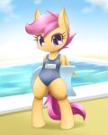  2015 anthro biped clothing equid equine female flotation_device friendship_is_magic hair hasbro hashioaryut looking_at_viewer mammal my_little_pony one-piece_swimsuit orange_body pegasus purple_eyes purple_hair purple_tail school_swimsuit scootaloo_(mlp) semi-anthro smile smiling_at_viewer solo swimming_pool swimwear wings 