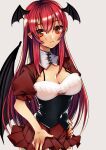  1girl bat_wings black_wings breasts cleavage head_wings koakuma large_breasts long_hair looking_at_viewer pointy_ears puffy_sleeves red_eyes red_hair short_sleeves skirt solo tomo_asa_(confetto-o) touhou wings 