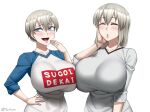  2girls blue_eyes blush breasts closed_eyes fang gigantic_breasts grey_hair hand_on_hip hand_on_own_face highres huge_breasts lips looking_at_viewer mother_and_daughter multiple_girls open_mouth parted_lips smug sugoi_dekai tight twrlare uzaki-chan_wa_asobitai! uzaki_hana uzaki_tsuki white_background 