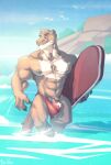  2019 5_fingers abs anthro balls_outline beach big_bulge big_muscles black_claws brown_body brown_eyes brown_fur brown_nipples bulge chest_tuft claws clothed clothing detailed_bulge fingers friday_(friday_otter) fur genital_outline giant_otter hi_res humanoid_hands lifeguard looking_aside lutrine male mammal mottled mottled_body mottled_fur muscular muscular_anthro muscular_male mustelid navel nipples no_swift outside pecs penis_outline pubes river_otter seaside smile solo speedo speedo_only standing surfing swimwear teeth topless tuft water whiskers 