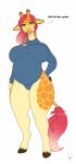  anthro belly big_belly big_breasts breasts clothing cloven_hooves dialogue eyelashes female giraffe giraffid green_eyes hair hooves horn mammal milk-jug nipple_outline ossicone pink_hair pregnant pregnant_female simple_background solo sweater thick_thighs topwear turtleneck white_background 