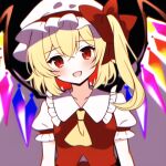  1girl ascot bangs black_background blonde_hair blush bow breasts collarbone collared_shirt commentary_request crossed_bangs crystal flandre_scarlet hair_between_eyes hat hat_bow jewelry journeyhermitage looking_at_viewer medium_breasts mob_cap multicolored_wings one_side_up open_mouth puffy_short_sleeves puffy_sleeves purple_background red_bow red_eyes red_skirt red_vest shirt short_hair short_sleeves skirt skirt_set smile solo touhou upper_body vest white_headwear wings yellow_ascot 