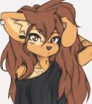 anthro apogee_(tinygaypirate) arm_tuft black_nose breasts brown_body brown_eyes brown_fur brown_hair bust_portrait canid canine canis cheek_tuft clothed clothing cowlick domestic_dog ear_piercing eyebrow_through_hair eyebrows eyelashes facial_markings facial_piercing facial_tuft female fur furgonomics furry-specific_piercing gauged_ear grey_background hair hand_behind_head head_markings hi_res inner_ear_fluff long_hair looking_at_viewer mammal markings mottled mottled_nose muzzle_piercing nose_piercing off_shoulder piercing pink_nose portrait raised_arm shirt simple_background small_breasts solo spitz tinygaypirate topwear translucent translucent_hair tuft 