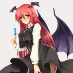  1girl bat_wings blush breasts food grey_background head_wings koakuma long_hair long_sleeves low_wings necktie pointy_ears popsicle red_eyes red_hair shirt skirt solo tomo_asa_(confetto-o) touhou vest wings 