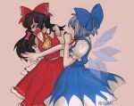  2girls adapted_costume archiraii ascot bare_shoulders blue_bow blue_hair blue_skirt blue_vest bow breasts brown_background brown_hair cirno closed_mouth detached_sleeves detached_wings dress frilled_ascot frilled_bow frilled_hair_tubes frilled_skirt frills hair_bow hair_tubes hakurei_reimu hitting long_hair meme multiple_girls neck_ribbon puffy_short_sleeves puffy_sleeves red_bow red_ribbon red_shirt red_skirt ribbon ribbon-trimmed_sleeves ribbon_trim shirt short_hair short_sleeves simple_background skirt skirt_set sleeveless sleeveless_shirt small_breasts touhou vest white_shirt will_smith_slapping_chris_rock_(meme) wings yellow_ascot 
