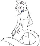  anthro balls blue_stripes butt fur genitals hi_res male miksu4542 neck_tuft notched_ear rear_view red_eyes scars_all_over solo stripes tuft white_body white_fur 