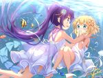  2girls absurdres air_bubble animal bangs bare_arms bare_shoulders barefoot blonde_hair blue_eyes blue_flower bubble clownfish commentary_request covered_mouth dress eye_contact feet_out_of_frame fish flower gochuumon_wa_usagi_desu_ka? hair_between_eyes hair_flower hair_ornament hands_up highres kirima_syaro long_hair looking_at_another multiple_girls pink_flower pleated_dress ponytail purple_eyes purple_hair revision sleeveless sleeveless_dress stick_jitb tedeza_rize underwater very_long_hair white_dress yuri 