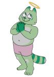  4_fingers 4_toes anthro bent_arm bottomwear clothing digital_media_(artwork) feet fingers fred_(fredrick_brennan) fur green_body green_fur halo hands_together hi_res looking_up male mammal mouth_closed navel procyonid raccoon shorts simple_background slightly_chubby solo standing toes unknown_artist white_background 