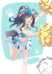  1boy 1girl absurdres ahoge animal_ears arm_up bangs bare_shoulders black_hair blue_archive blush breasts cleavage crop_top detached_collar dog_ears dog_girl dog_tail eyewear_on_head grey_eyes hibiki_(blue_archive) hibiki_(cheerleader)_(blue_archive) highres holding holding_pom_poms kitk_qun layered_skirt long_hair looking_at_viewer medium_breasts midriff miniskirt navel open_mouth outstretched_arms paw_print pom_pom_(cheerleading) ponytail raised_eyebrows sensei_(blue_archive) shoes skirt sneakers solo standing standing_on_one_leg sunglasses sweatdrop tail weibo_username white_footwear white_skirt 