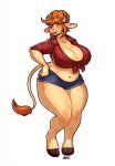  anthro big_breasts blazbaros blush bottomwear bovid bovine breasts cattle cleavage clothed clothing cloven_hooves curvy_figure cutoffs daisy_dukes denim denim_clothing eyes_closed female flannel hand_on_hip hi_res hooves horn hotpants huge_breasts mammal midriff open_mouth shirt shorts simple_background slightly_chubby smile solo standing tail_tuft thick_thighs tied_shirt topwear tuft voluptuous voluptuous_female white_background wide_hips 