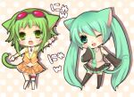  2girls :o animal_ears arm_up bangs belt blue_eyes blue_hair blush bridal_garter brooch cat_ears cat_girl cat_tail chibi collared_shirt detached_sleeves goggles goggles_on_head green_eyes green_hair gumi hatsune_miku izumi_chiro jewelry long_hair long_sleeves multiple_girls open_mouth shirt sleeveless sleeveless_shirt sleeves_past_wrists smile tail thighhighs twintails very_long_hair vocaloid wrist_cuffs 