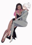  2girls absurdres animification black_dress black_hair black_nails blue_eyes blue_shirt breasts cleavage collarbone collared_shirt crossed_legs dark-skinned_female dark_skin dress formal grey_footwear grey_necktie head_tilt high_heels highres hyoon_(sockgyu) jett_(valorant) looking_at_viewer medium_hair multicolored_hair multiple_girls necktie pink_hair ponytail reyna_(valorant) shirt smile suit two-tone_hair valorant white_hair 