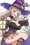  1girl breasts cleavage collarbone commentary corrin_(fire_emblem) corrin_(fire_emblem)_(female) earrings fire_emblem fire_emblem_fates fire_emblem_heroes gonzarez halloween_costume hat highres jewelry lantern large_breasts long_hair looking_at_viewer official_alternate_costume pointy_ears red_eyes witch_hat 