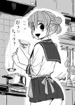  1girl 4shi :d apron ass bags_under_eyes bottle commentary_request cooking cooking_pot cowboy_shot dango-chan_(4shi) drooling faucet food_bite from_behind greyscale hair_bun hands_up highres holding holding_ladle holding_plate hollow_eyes indoors kitchen ladle looking_at_viewer looking_back monochrome notice_lines open_mouth original plate pleated_skirt sailor_collar school_uniform serafuku shirt short_hair skirt smile solo spatula stove tasting_plate tile_wall tiles translation_request 