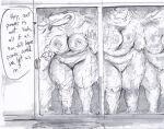  2022 against_surface alligator alligatorid anthro big_breasts biped breasts crocodilian digital_media_(artwork) doctordj english_text female genitals greyscale group hi_res monochrome nipples on_glass pussy reptile scalie speech_bubble standing text wide_hips 