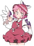  1girl animal_ears bird_ears bird_wings blush brown_dress brown_headwear clothes_writing cowboy_shot cropped_legs dress earrings frilled_sleeves frills hat index_finger_raised ini_(inunabe00) jewelry long_sleeves mystia_lorelei open_mouth pink_hair short_hair simple_background single_earring solo touhou white_background white_wings wide_sleeves winged_hat wings 