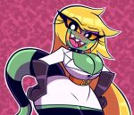  anthro belt big_breasts blonde_hair blush breasts cleavage clothed clothing collar eliza_(nelljoestar) embarrassed female gloves green_body hair handwear iguanid latex_gloves legwear lizard long_hair long_tail nelljoestar reptile scalie sharp_teeth smile solo spiked_collar spikes teeth white_clothing wide_hips yellow_sclera 