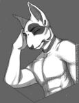  anthro black_and_white black_and_white_body black_and_white_fur black_body black_fur black_markings black_nose black_sclera bull_terrier canid canine canis collar domestic_dog ear_piercing free-opium fur head_on_hand hi_res hunting_dog inktober inktober2022 looking_at_viewer male mammal markings monochrome muscular muscular_anthro nose_bridge_piercing piercing shaded simple_background simple_shading sobak solo terrier tobacco white_body white_fur 