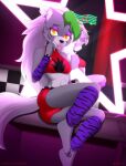  2022 anthro belt breasts butt butt_pose canid canine canis clothing collar digital_media_(artwork) ear_piercing erdfurry eyebrows eyelashes eyeshadow female fingers five_nights_at_freddy&#039;s five_nights_at_freddy&#039;s:_security_breach flat_chested fur green_hair grey_body grey_fur hair hand_on_own_face hi_res leg_warmers legwear looking_at_viewer makeup mammal midriff mirror mirror_reflection multicolored_body multicolored_clothing multicolored_fur multicolored_hair multicolored_topwear musical_note orange_eyes orange_pupils piercing pose pupils purple_clothing purple_eyeshadow purple_leg_warmers purple_legwear red_clothing reflection roxanne_wolf_(fnaf) scottgames side_boob snout solo spiked_belt spiked_collar spikes star tongue tongue_out topwear two_tone_body two_tone_fur video_games white_hair white_tail wolf wristband 