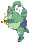  4_toes 5_fingers absurd_res anthro blush bottomwear bow_(weapon) claws clothing digital_media_(artwork) feet fingers fred_(fredrick_brennan) fur green_body green_fur hi_res holding_object holding_weapon maaudaan_tg male mammal navel nipples open_mouth overweight overweight_anthro overweight_male procyonid raccoon ranged_weapon shorts solo toe_claws toes watermark weapon wings 