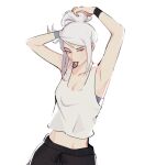  1girl animification black_pants blue_eyes breasts cleavage collarbone hair_behind_ear hair_tie_in_mouth highres hyoon_(sockgyu) jett_(valorant) medium_breasts midriff_peek mouth_hold pants ponytail solo sweatpants tank_top tying_hair valorant white_background white_hair white_tank_top wristband 