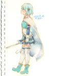  1girl aqua_footwear blue_hair blue_skirt cape closed_mouth dated from_side full_body gloves highres holding holding_sword holding_weapon mahou_shoujo_madoka_magica miki_sayaka pleated_skirt shin1ar24 short_hair skirt solo sword thighhighs traditional_media watercolor_pencil_(medium) weapon white_cape white_gloves white_thighhighs 