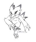  2010 anthro bandai_namco beak biyomon breasts claws digimon digimon_(species) feathers featureless_breasts feet female monochrome non-mammal_breasts ring ring_on_leg sketch solo toes viroveteruscy wings 