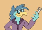  2021 anthro avian biped blue_body blue_eyes brok_the_investigator clothed clothing eyewear glasses jollyville portrait shay_(brok_the_investigator) simple_background solo video_games 