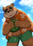  2022 anthro belly blush bodily_fluids bottomwear brown_body clothed clothing cloud eyes_closed eyewear food fruit glasses jnt_maz_mba kemono lifewonders male mammal melon open_clothing open_shirt open_topwear outside overweight overweight_male plant shirt shorts solo sweat tokyo_afterschool_summoners topwear ursid video_games volos watermelon 