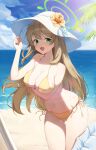  1girl :d absurdres bangs beach bikini blue_archive blue_sky blush breast_hold breasts brown_hair cleavage cloud collarbone commentary_request cowboy_shot day flower green_eyes halo hat hat_flower highres horizon large_breasts leaning_forward light_brown_hair long_hair looking_at_viewer navel nonomi_(blue_archive) ocean open_mouth outdoors palm_tree pengin revision sand sky smile solo stomach string_bikini sun_hat swimsuit thighs tree water wet yellow_bikini 