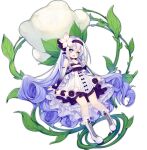  1girl ao_jun ark_order bangs bare_shoulders blue_bow blue_bra blue_choker blue_eyes blue_hair blue_hairband boots bow bow_hairband bra choker cotton_boll cross-laced_footwear detached_sleeves dress dress_bow flat_chest flower flower-shaped_pupils flower_choker full_body gradient_hair gradient_sleeves hair_flower hair_ornament hairband holding holding_plant leaf long_hair looking_at_viewer multicolored_hair official_art pink_flower plant shirt sidelocks solo symbol-shaped_pupils tachi-e thumbelina_(ark_order) transparent_background underwear very_long_hair white_dress white_footwear white_shirt 