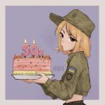 1girl archiraii blonde_hair brown_eyes cake candle cigarette english_commentary food from_side fruit green_headwear hat highres holding holding_plate lit_candle long_sleeves marichka medium_hair midriff military military_hat military_jacket military_uniform mouth_hold original plate simple_background smoking solo ukraine ukrainian_flag uniform war watermelon 