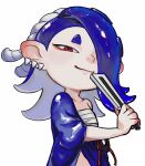  1girl artist_request blue_hair chest_sarashi earrings folded_fan folding_fan hachimaki hair_over_one_eye hand_fan headband highres holding holding_fan jewelry long_hair looking_at_viewer nejiri_hachimaki octarian poncho red_eyes sarashi see-through shiver_(splatoon) smile solo splatoon_(series) splatoon_3 suction_cups tentacle_hair 